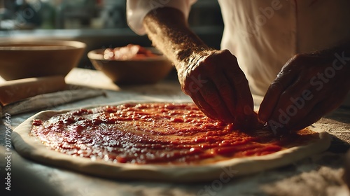 Pizzaiolo layering tomato sauce over Trenton tomato pie