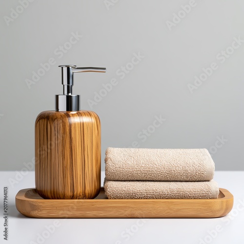Stylish spa set with soap dispenser and towels.