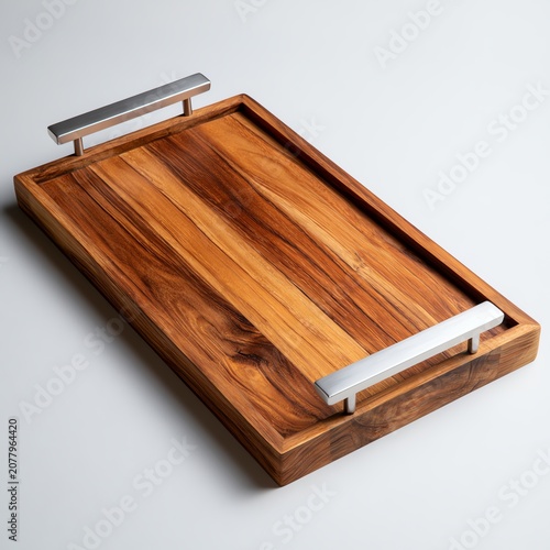 Wooden serving tray with metal handles.