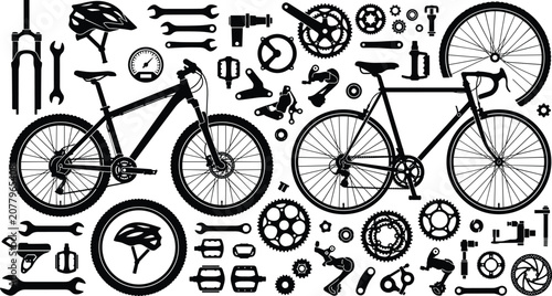 Quadro su tela Mountain and road bicycle silhouettes set with spare parts and maintenance tools