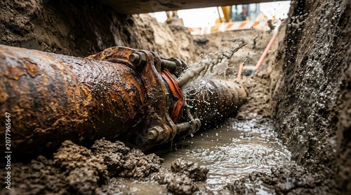 Rusty sewer pipeline with a leaking joint and repair clamp in a muddy construction excavation.