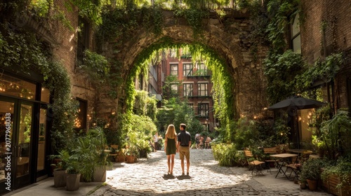 An urban oasis and romantic getaway. A couple walks hand in hand through a historic cobblestone alley, framed by a lush green archway covered in ivy and plants.