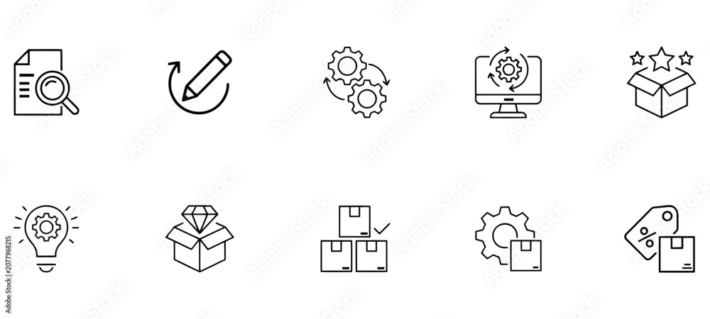 Fototapeta premium Professional business workflow and logistics line icons for project management and development.