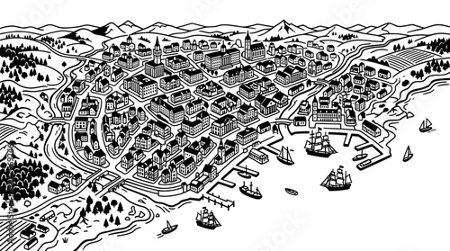 Detailed black and white illustration of a historic coastal town.