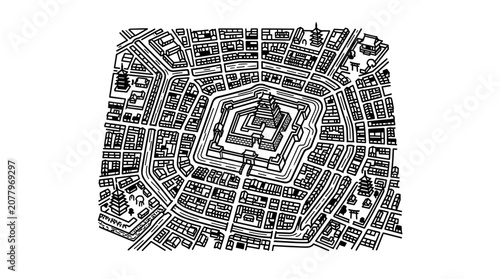 Detailed black and white illustration of an ancient city map.