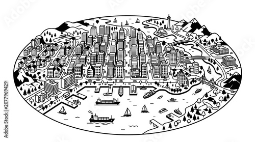 Detailed Cityscape Illustration with Harbor and Mountains 1.