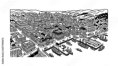 Detailed Cityscape Illustration With Harbor and Mountains.