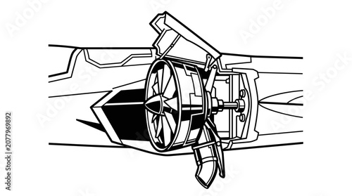 Detailed illustration of a jet engine turbine and exhaust.