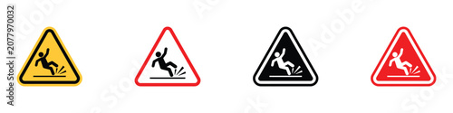 Wet floor slipping warning sign icon set. Vector illustration of realistic triangle slippery accident flat symbol, colorful public safety caution alert template on white background.