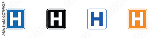 Hospital road sign and square medical symbol icon set. Vector illustration of realistic rounded emergency location flat token, colorful city navigation clinic alert template on white background.