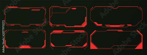 HUD futuristic cyberpunk frame and ui border set. Vector illustration of realistic neon sci-fi technology flat token, colorful digital gaming screen panel alert template on dark background.