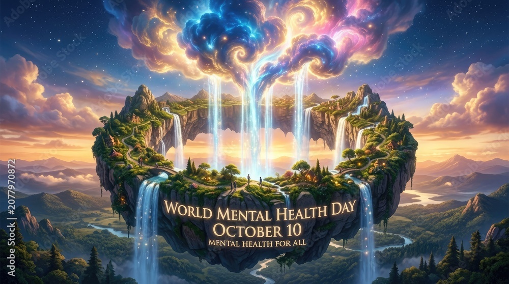 Fototapeta premium World Mental Health Day World mental health day concept with floating island and magical waterfall