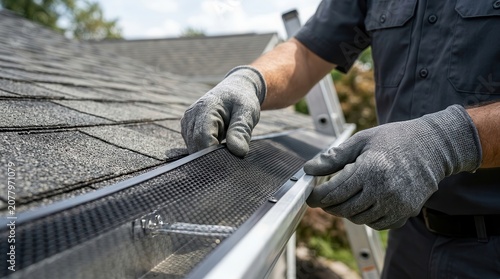 Professional gutter guard installation on a shingle roof showing worker hands and ladder.