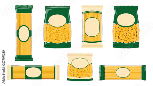 Foto Set of pasta package mockups with transparent window labels