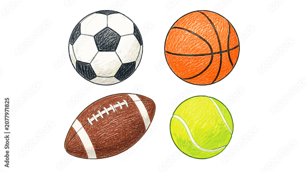 Obraz premium Hand drawn sketch set of four different sports balls