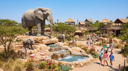 Family observing elephants in african savanna habitat