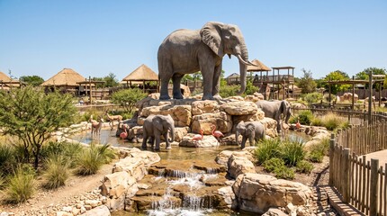 Elephants in a zoo savanna enclosure
