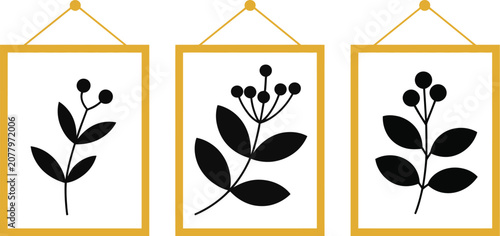 Cuadro en lienzo Minimalist botanical wall art triptych set vector hanging golden frames with black plant leaf berry branch silhouettes home decoration illustration