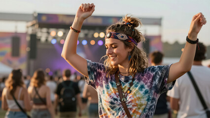 Happy woman dancing at an outdoor music festival. She wears tie-dye and a headband during a live concert event. Blurred crowd and stage background