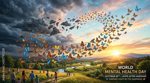 World Mental Health Day Colorful butterflies flying into the light for world mental health day
