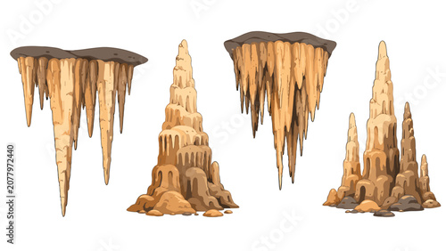 Schilderij op canvas Cartoon cave stalactite and stalagmite rock formations set