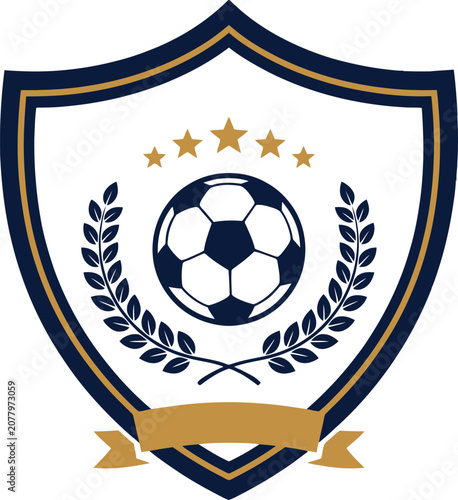 Soccer emblem with ball laurels and stars in a shield with ribbon Vector Illustration