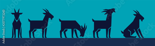 Obraz na plátně Collection of stylized silhouettes of goats in various poses against a teal background