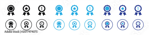 Award Badge Ribbon Icon Set Collection. with Winner Medal, Achievement Seal, First Place, Star Badge and Premium Certification Symbols in Flat Duotone Vector Style