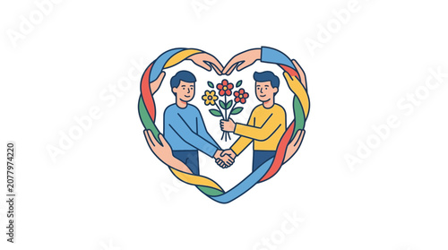 Foto Diverse Hands Forming Heart Around Two Men Exchanging Flowers, Symbolizing Love