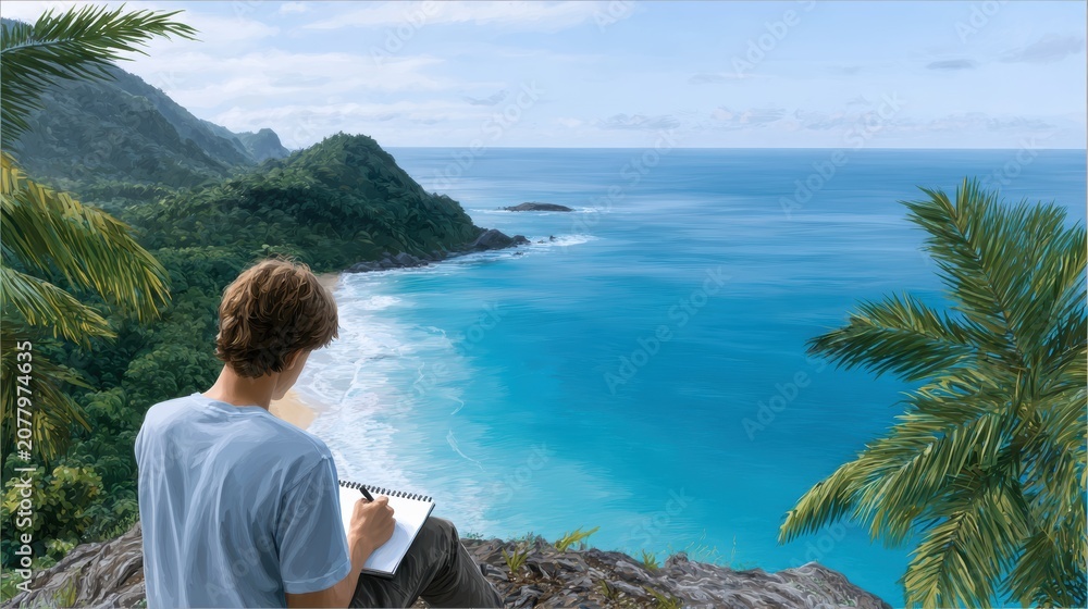 Fototapeta premium A person sketches while overlooking a lush, tropical coastline with dense greenery and a calm ocean under a partly cloudy sky.