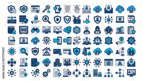Cyber security and data protection flat icon set with security protection password encryption internet authentication technology business computer firewall identity monitoring analysis