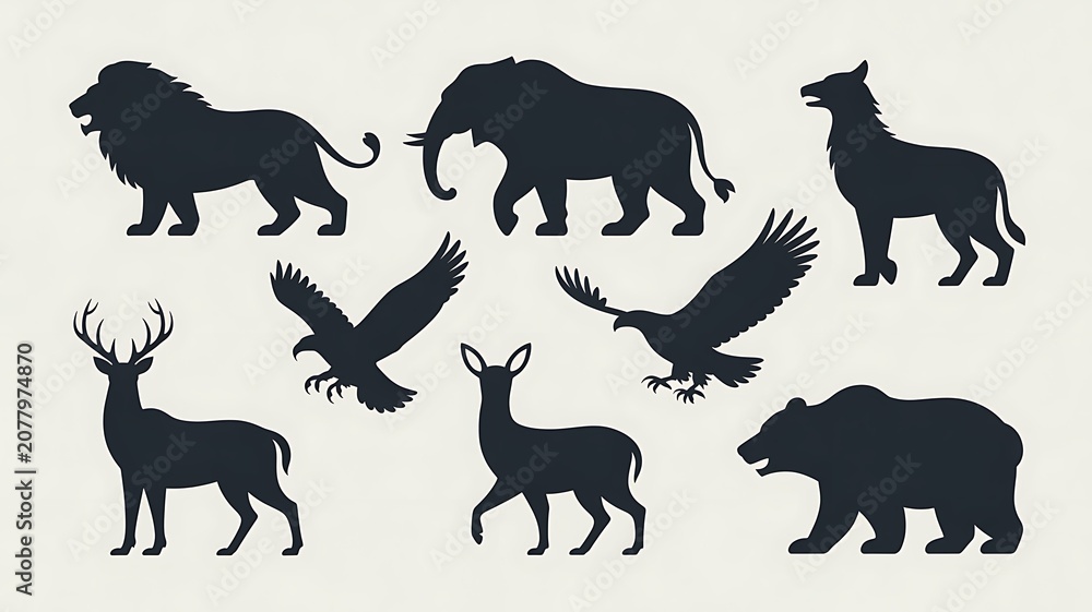 Fototapeta premium Bear silhouette collection, wild grizzly walking vector set, forest animal wildlife graphics, polar bear standing icons, isolated black silhouettes predator. 