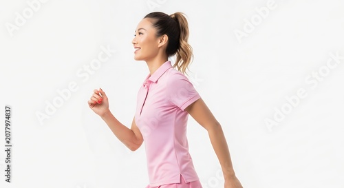 Woman in pink athletic wear walks against a white backdrop with copy space