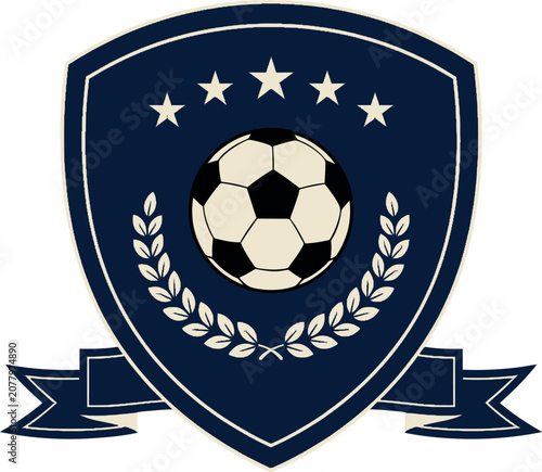 Soccer emblem with laurel wreath and stars on a shield with ribbon vector illustration