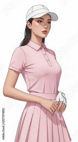 Woman in pink golf attire posing against a white background