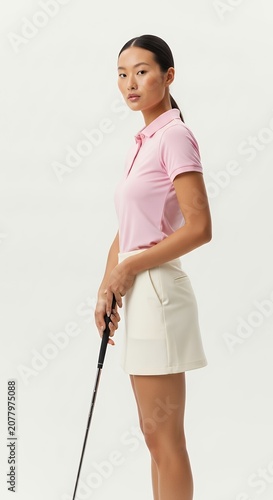 Woman in pink polo shirt and white skirt holding golf club