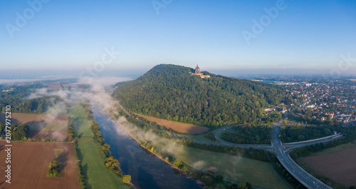 Aerial morning view of Emperor William Monument in Porta Westfalica
