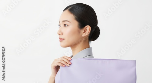 Woman in profile holding a light purple object with a soft focused background