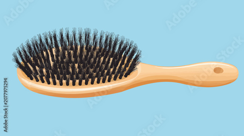 Light brown wooden hairbrush with black bristles, almond-shaped head, smooth curved handle, small hole for hanging, light blue background