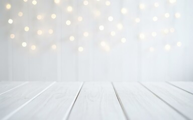White wooden table surface with blurred warm fairy light bokeh background