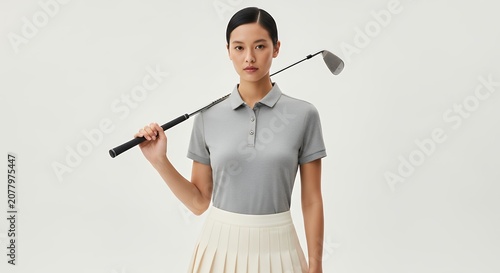 Woman in sportswear holding golf club on shoulder against a white background