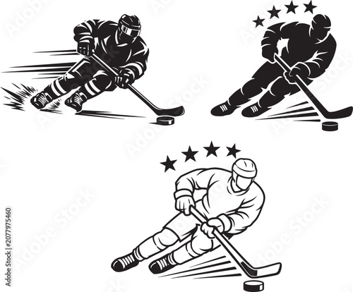 Photography Ice Hockey Player Vector Logo Set - Skating Athlete Silhouette Emblem Design