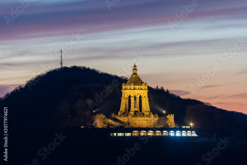Aerial evening view of Emperor William monument in Porta Westfalica