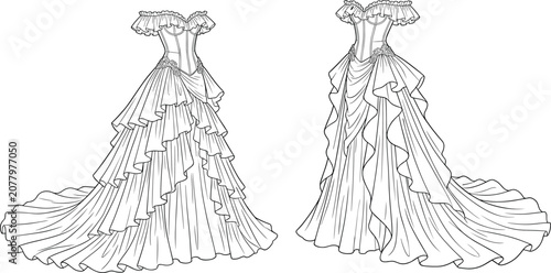Tableau sur toile Fashion technical sketches of dramatic off shoulder bridal gowns with corset bod