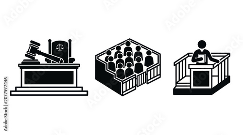 Quadro su tela Law and justice icons with gavel and jury box.