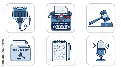 Konstfotografi Legal transcription and court reporting icon set.