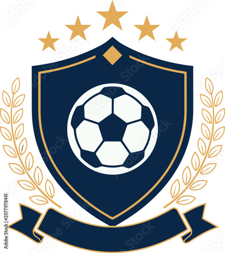 Soccer emblem with stars and laurel wreath on dark blue shield for sports branding and championship design