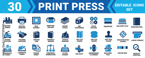 Slika na platnu Set of 30 professional print press and printing production editable vector icons for graphic design Minimal solid icon set bundle collection