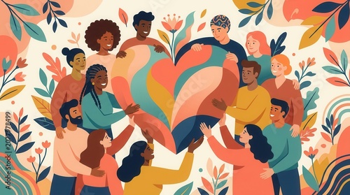 A diverse group of people offering support and compassion through a charity illustration.