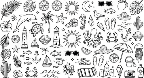 Foto Summer beach vector icons set including sun, sea creatures, palm trees, and vaca